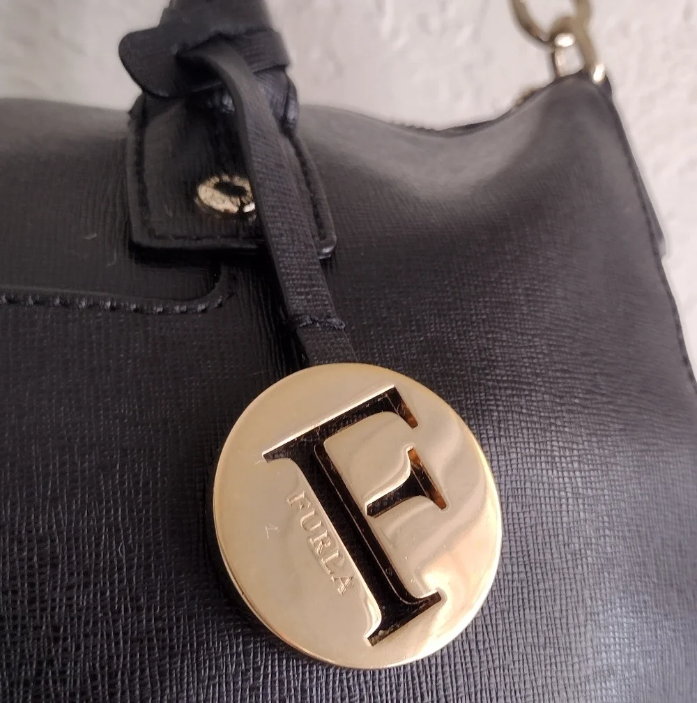 Furla Linda Medium Leather Black And Gold Satchel Bag